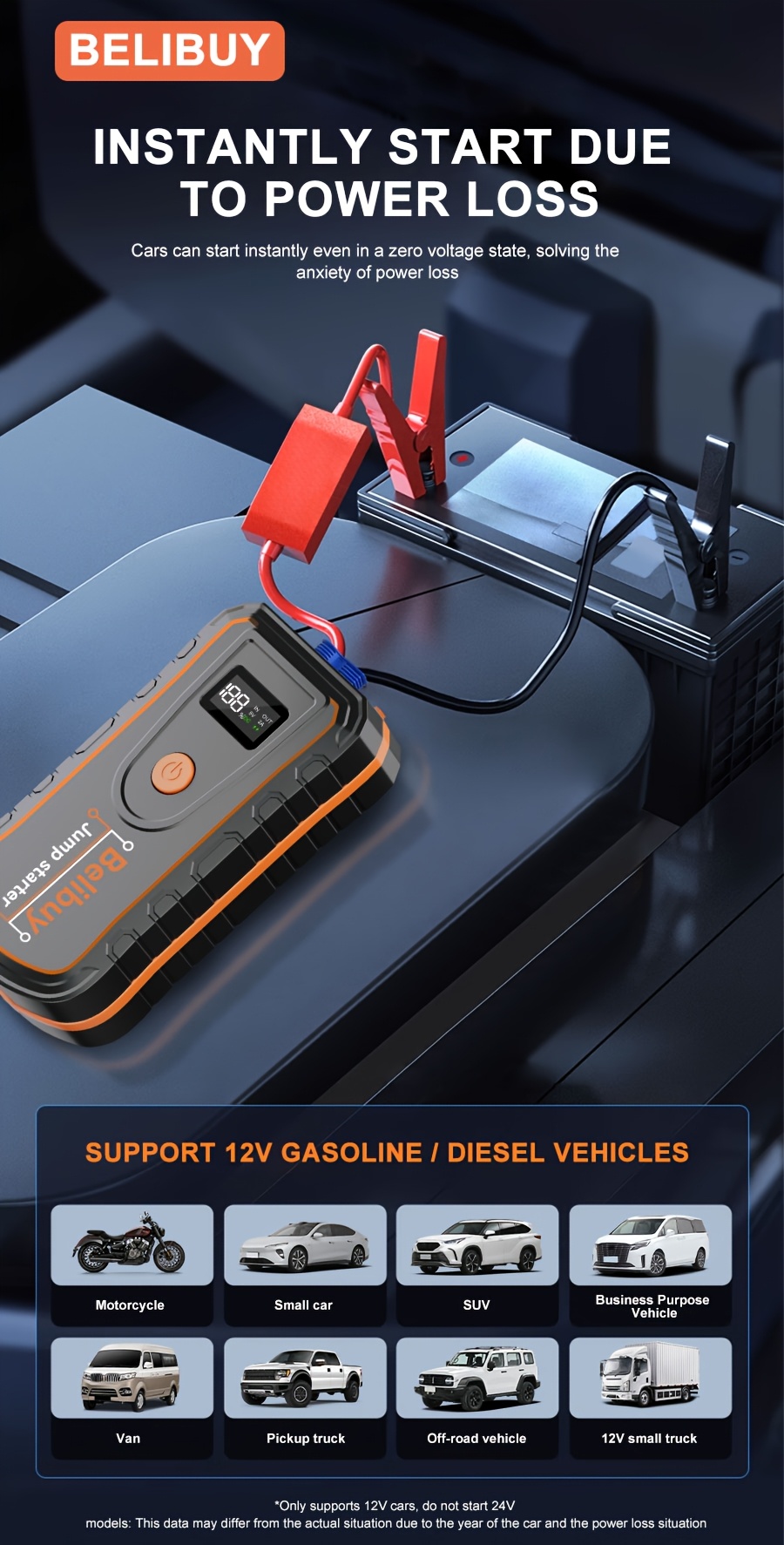 Démarreur d'urgence portable pour voiture - Chargement USB, batterie rechargeable | Conception en ABS noir, convient aux véhicules tout-terrain et aux aventures en plein air, alimentation de secours | Dispositif d'urgence compact | Structure robuste | Affichage numérique, charge rapide