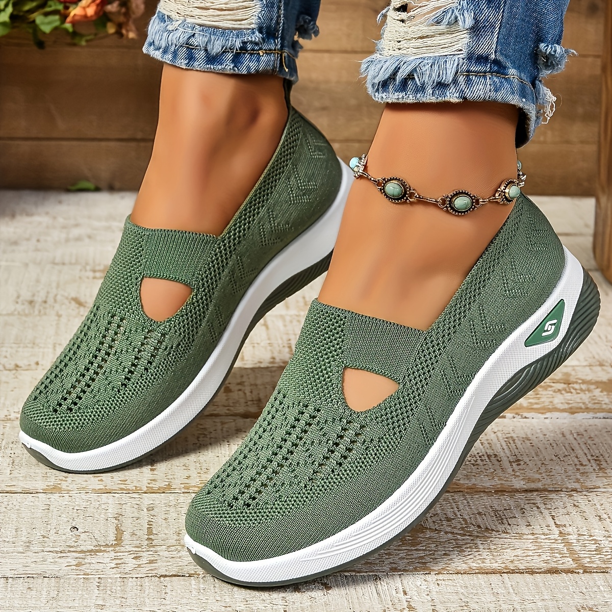 

Women's Breathable Knit Slip-on Sneakers - Lightweight, Comfortable Walking Shoes With Detail, Flat Sports Shoes, Large Size, Teal, Ladies Sneakers