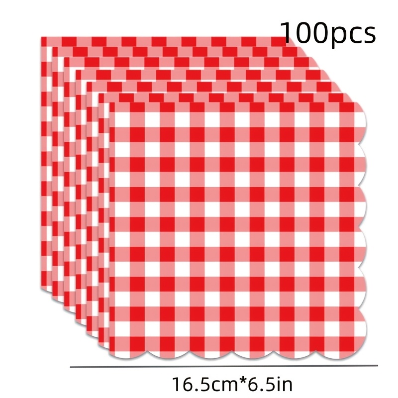 TEMU 100pcs Pack Checkered Napkins Suitable For Weddings, Birthdays, Bbqs - Disposable Paper Table Decor With Red Lace Edges, Suitable For Picnics,