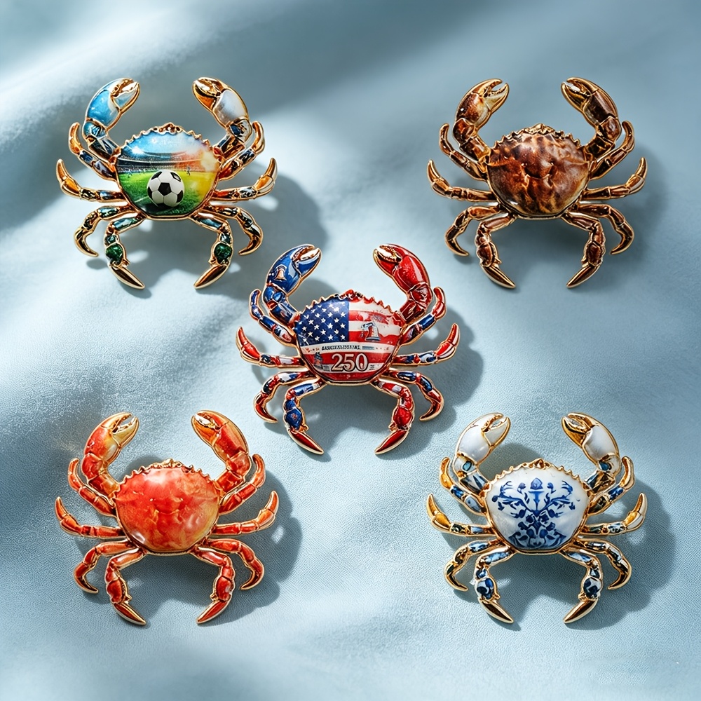 Exquisite Crab Enamel Brooch, Patriotic Football Pin