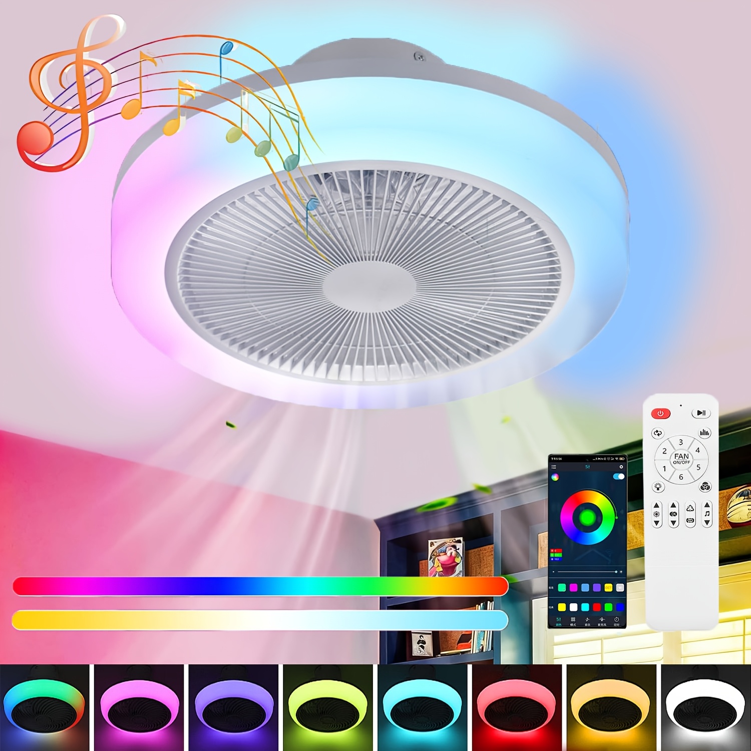 E-shop Moderne intelligente LED-Deckenleuchte mit Ventilator RGB-Rahmenlicht, Musikrhythmus-RGB-Deckenventilator mit Licht, inklusive