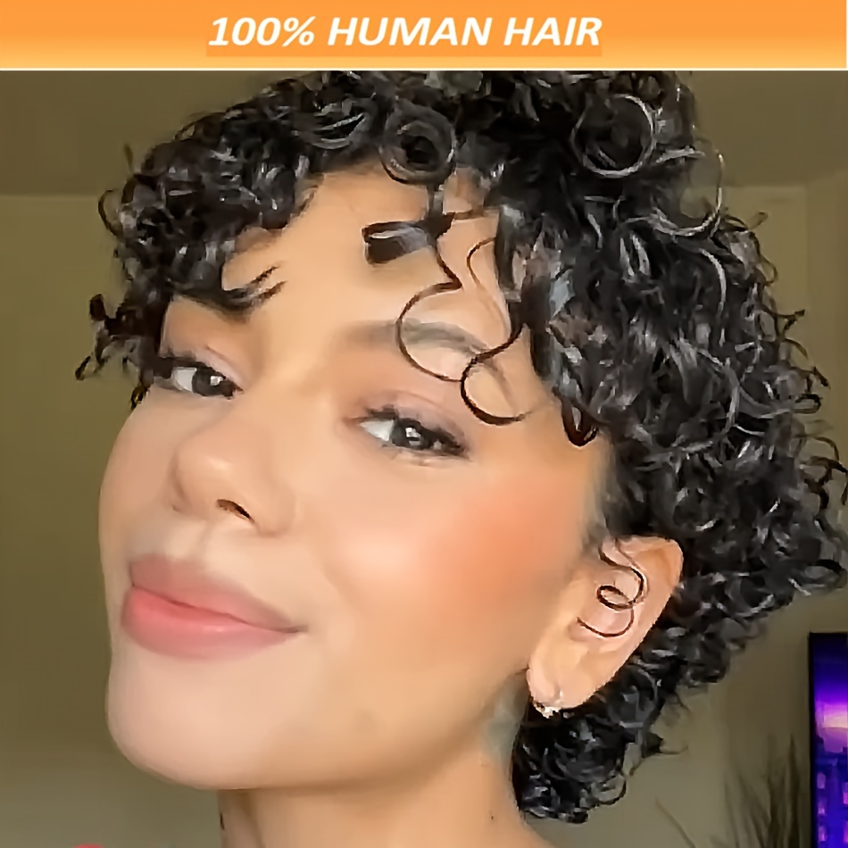 

Chic Cut Wig For Women 4 Inch Loose Curly Glueless Human Hair Wig With Bangs Remy Brazilian Hair Wig For Women 180% Density Full Machine Made Non Lace Short Cut Wig Human Hair