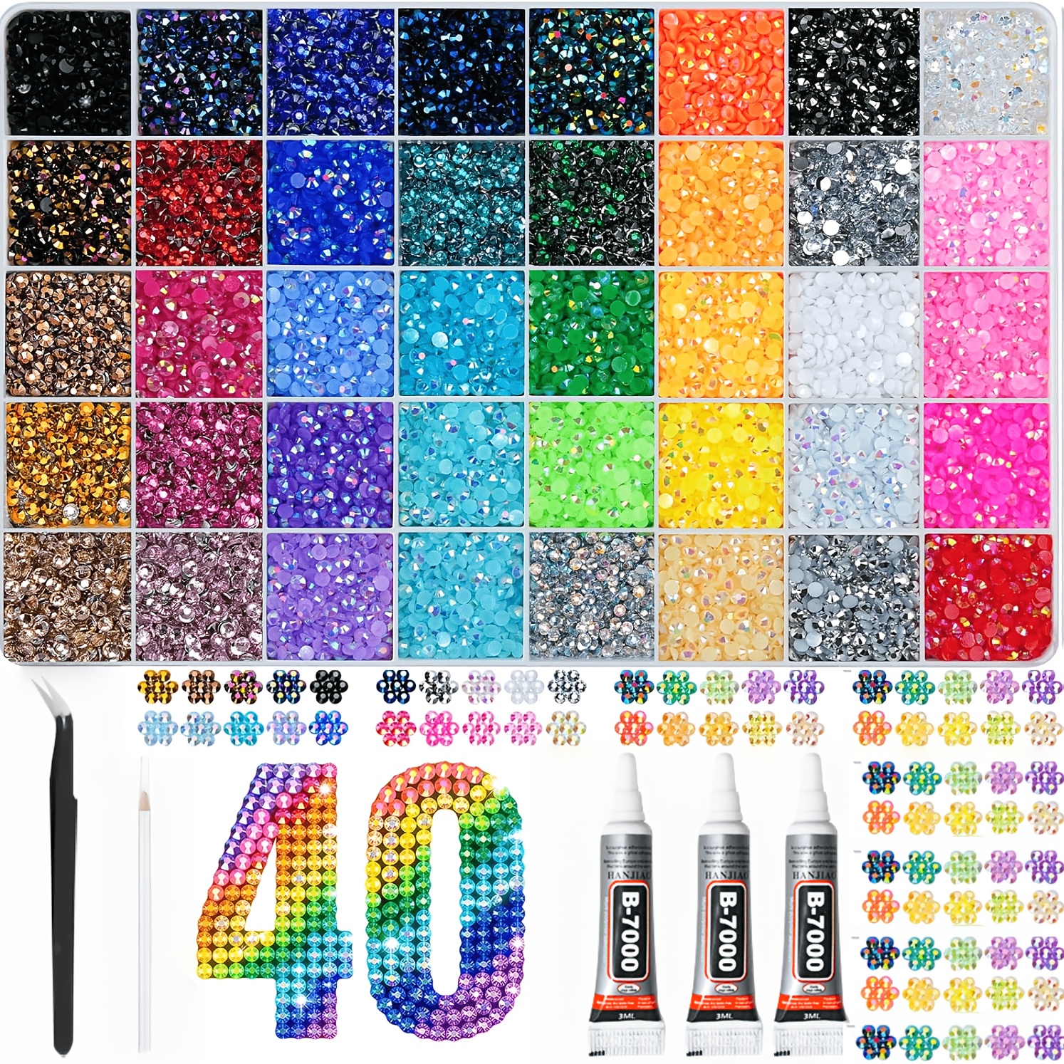 40 Colors, 50000pcs With 3mm Decoration Set, Resin Nail Gemstones And Sparkling Gemstone Art Supplies, Free Point Diamond Pens, Glue, Tweezers Suitable For Clothing, Shoes, Nail Art Books, Diamonds