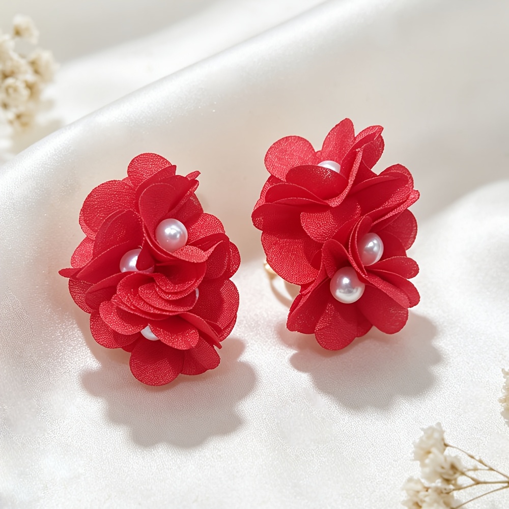 Bohemian Fabric Flower Ear Clips for Women, Colorful Statement Earrings