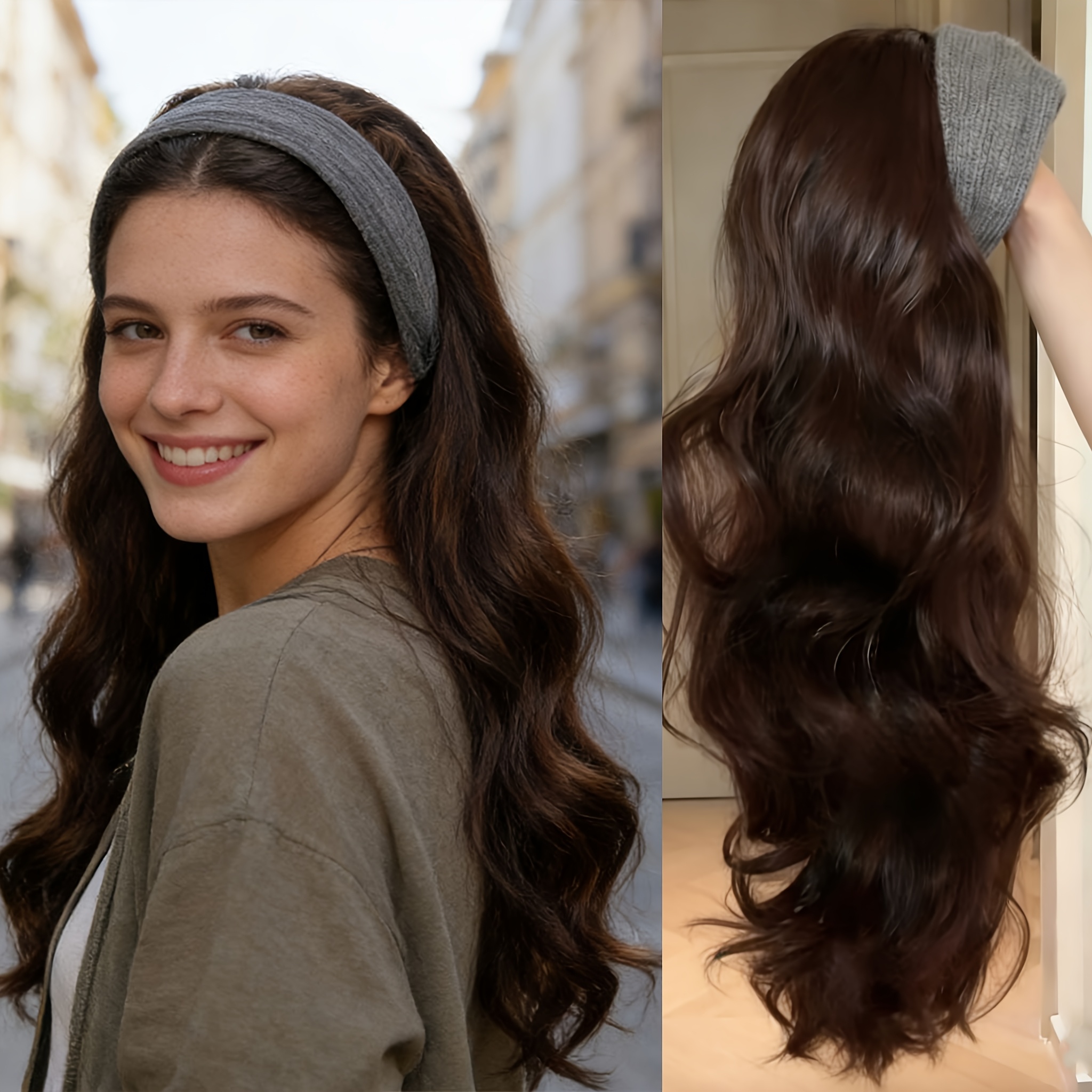 TEMU Perruque serre-tête demi-bandeau 26 pouces à larges bandes grises pour cheveux longs et bouclés - Perruque serre-tête - Simple et pratique pour