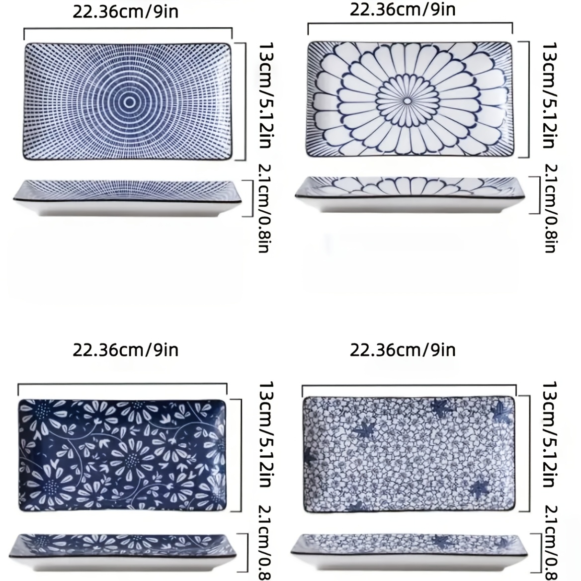 A Of 4, 9-inch Japanese-style Rectangular Ceramic Plates Featuring A Vintage Floral Theme. Square Creative Tableware Pieces Are Durable, Easy To Clean, And Suitable For Use In Ovens And Microwaves