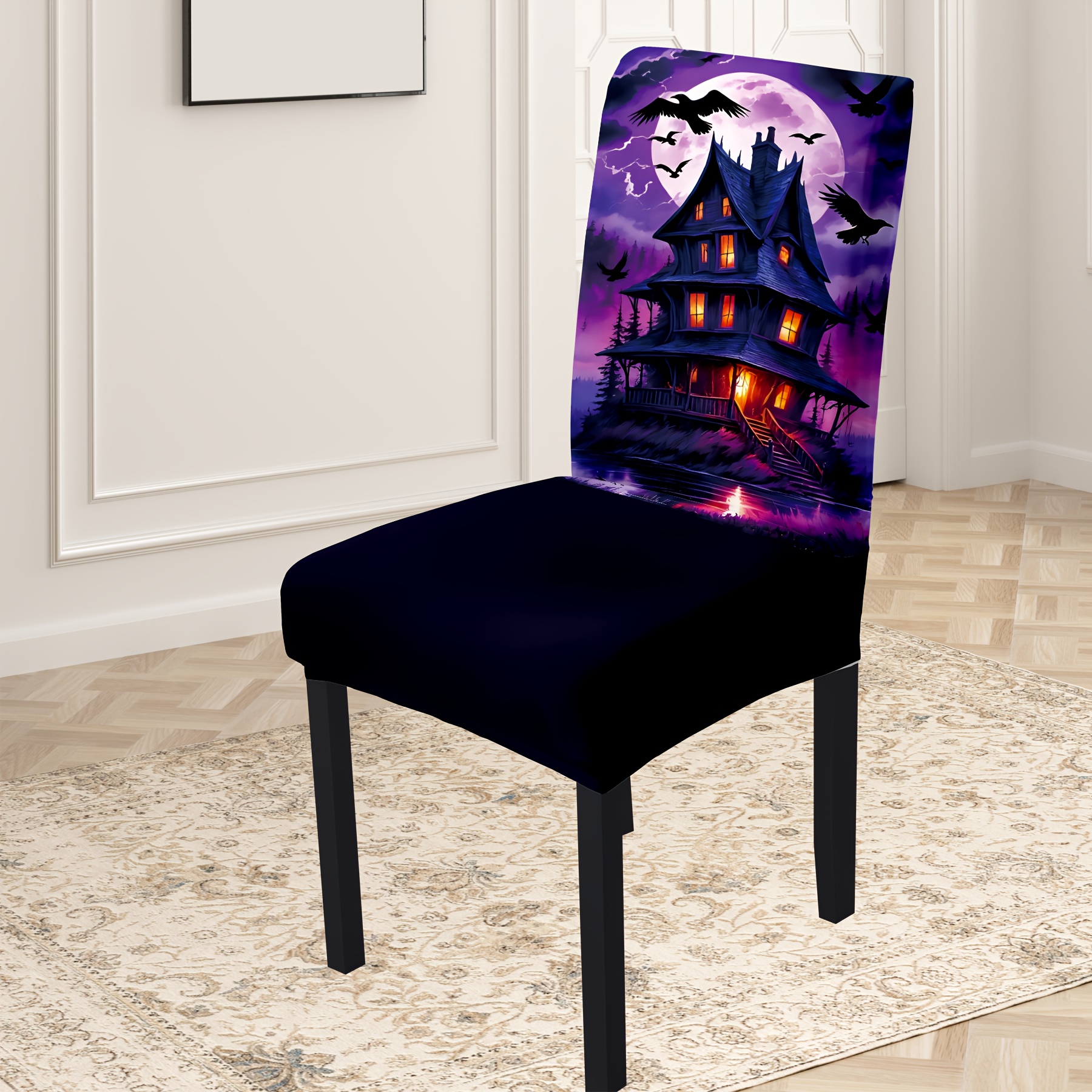 

4/6pcs Halloween Chair Covers, Spooky Haunted House And Design, High Elastic Washable Fabric, Dust Resistant, For Halloween Chair Decoration