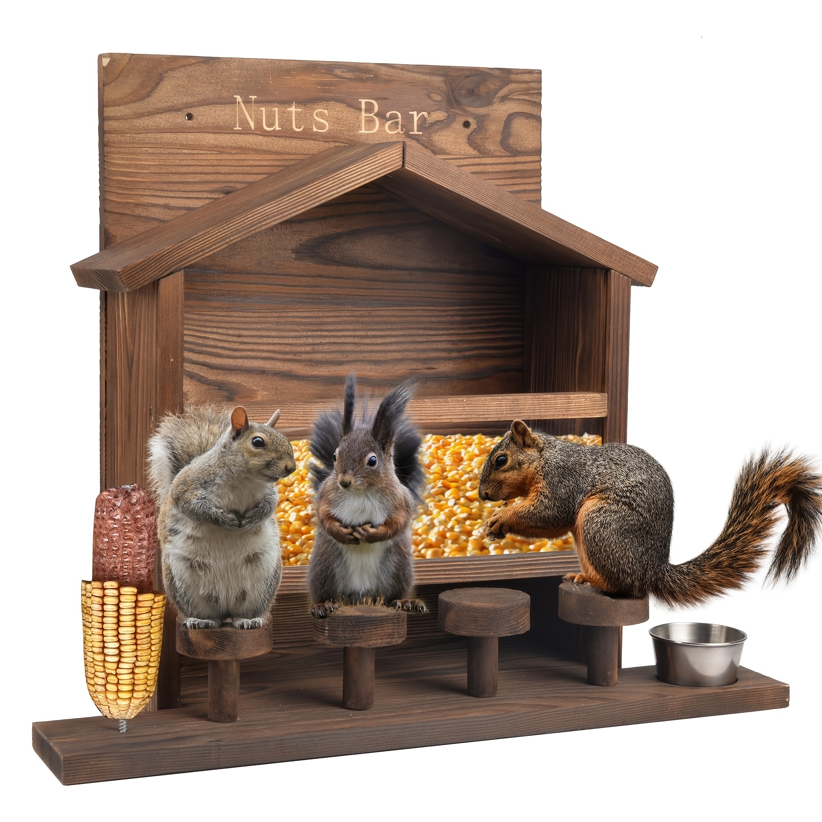 TEMU Squirrel Feeder For Outside, Picnic Table Squirrel Feeder Nut Bar, Durable Carbonized Wood Squirrel House With Stools, Corn Holder, Water Bowl,