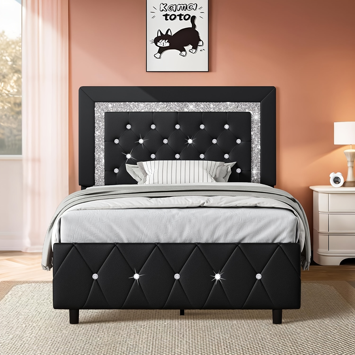 upholstered bed frame diamond tufted headboard leather Temu