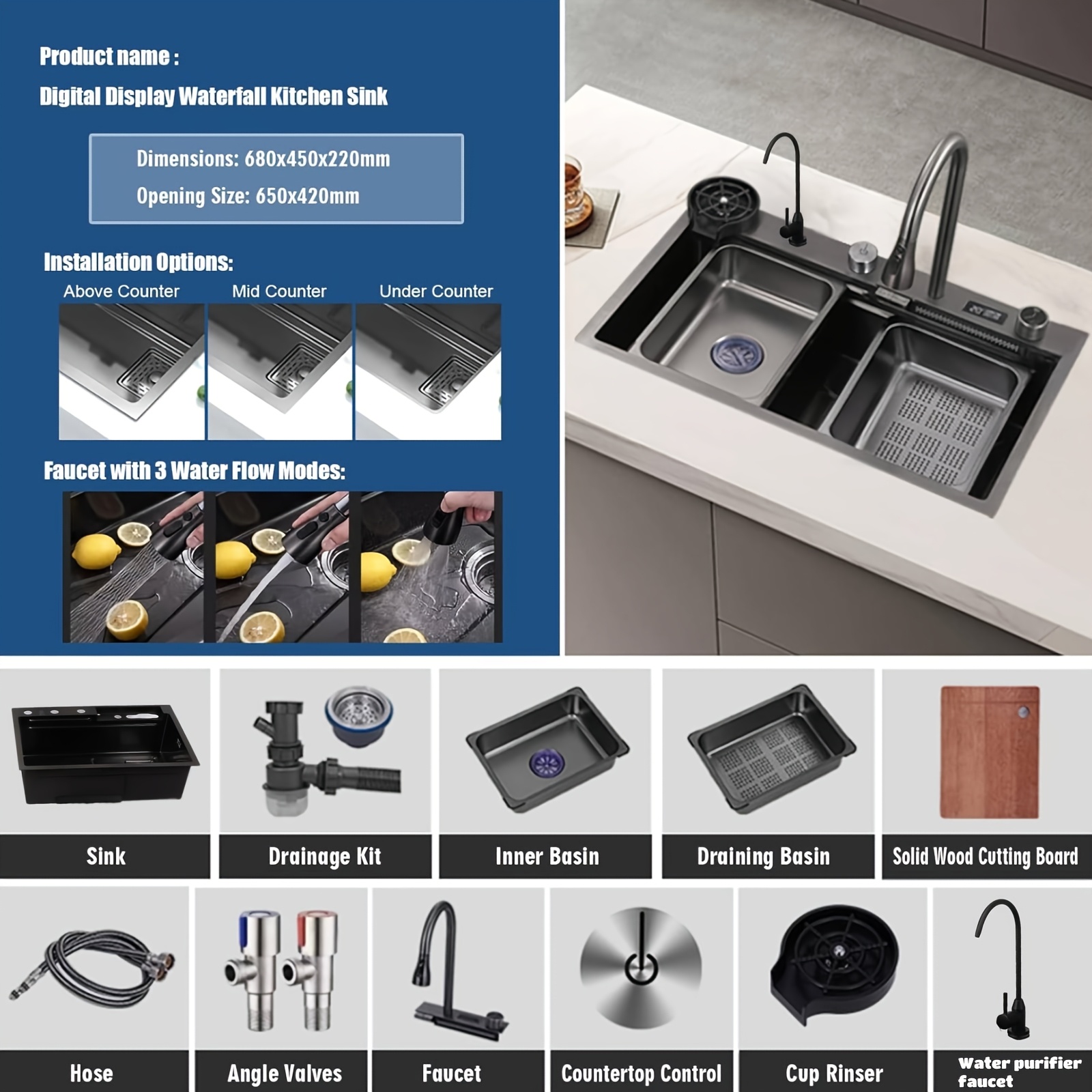 Image of Sink, Black, , 68*45cm/50*45cm, Kitchen Sink, Stainless Steel, Square, Kitchen Sink With Drainer And Siphon, Sink Kitchen With 3 Tap Holes, 1 Basin Built-in Sink