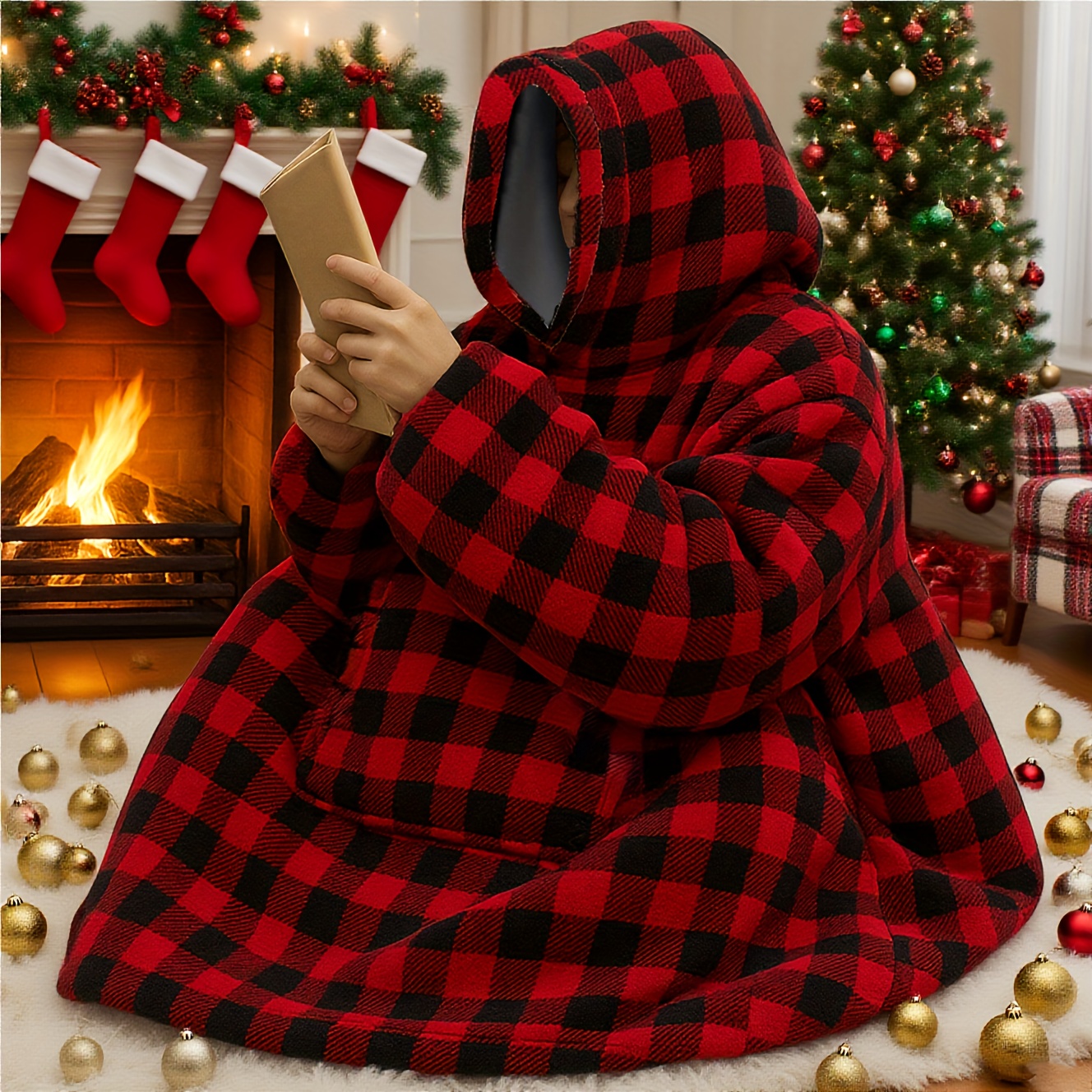 TEMU Cozy Oversized Hoodie Blanket, Ultra Soft Fleece, Reversible Wearable Sweatshirt Snuggle With Kangaroo Pocket, Machine Washable, Christmas