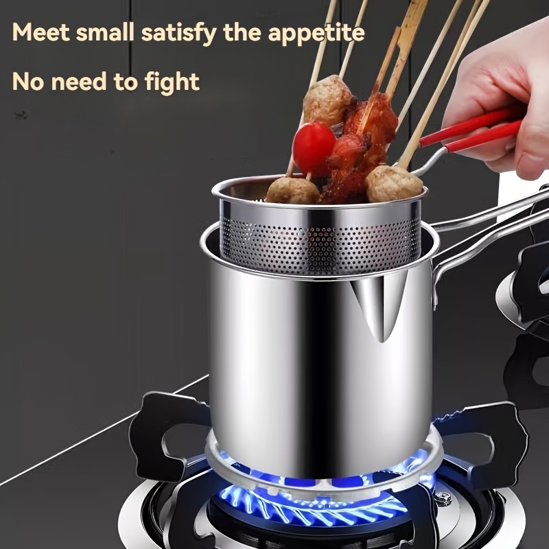 Deep stainless steel frying pan with handle for home cooking