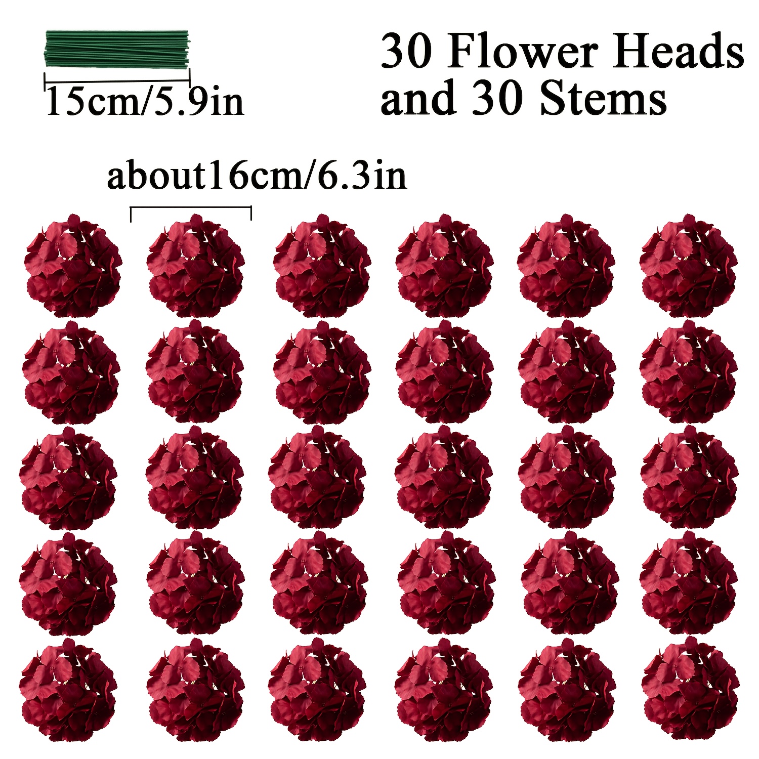 TEMU 60 piezas (30 flores + 30 ) cabezas de flores de hortensia artificial borgoña, decoración de , flores de hortensia de para decoración del hogar,