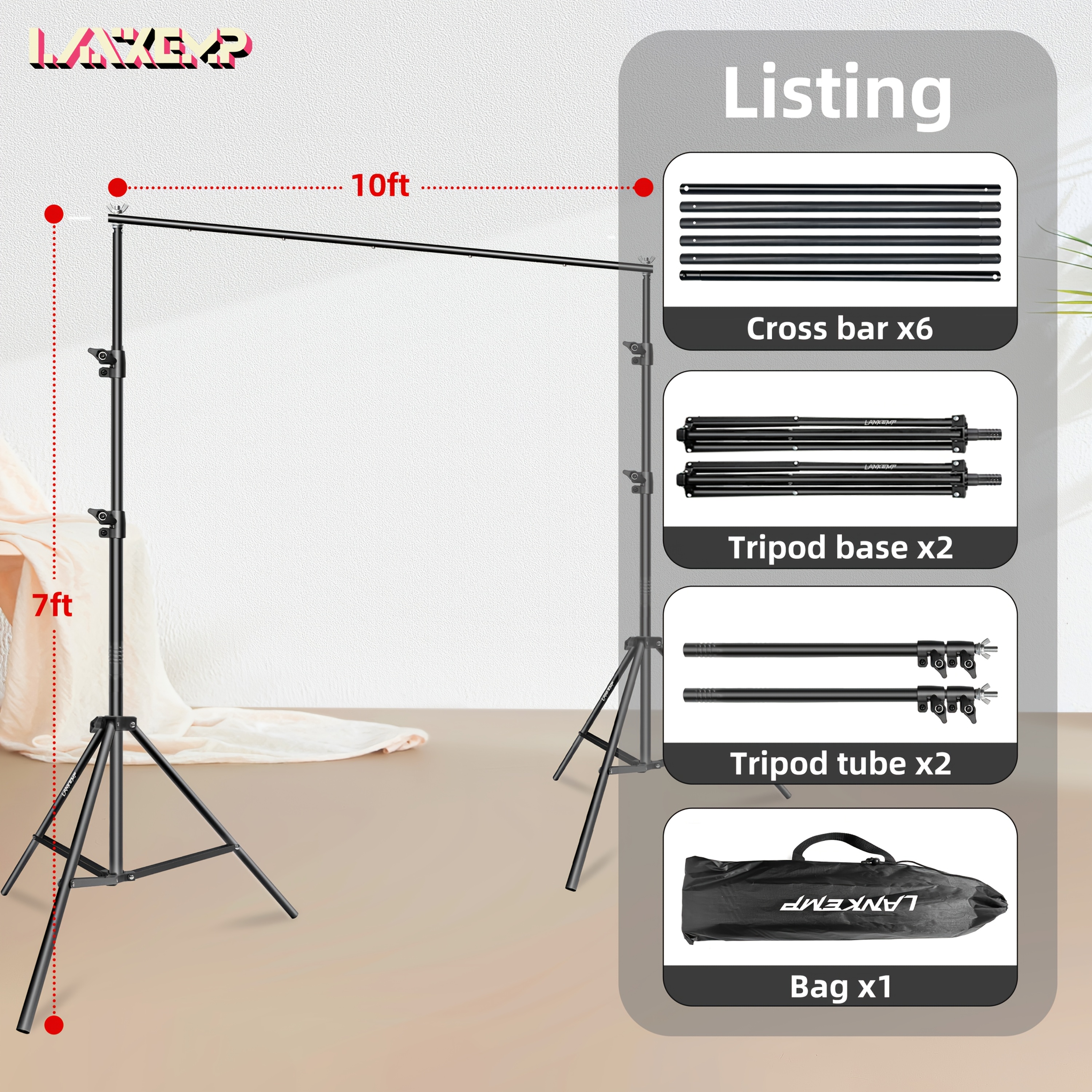 TEMU 10x7 Ft Adjustable Backdrop Stand | Aluminum Alloy Photography Studio Background Support System With Carrying Bag For Parties, Ideal For