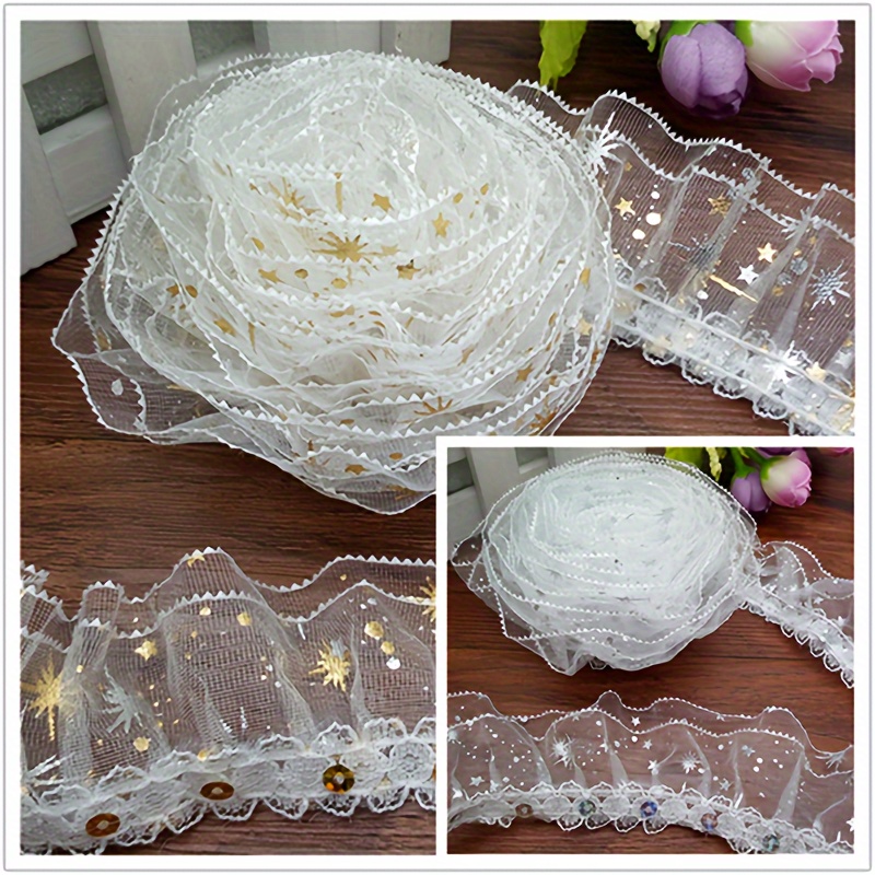 

2 Yards 3-layer White Lace Ribbon With Golden/silvery Flower Stars And Sequin Accents, Pleated Gathered Trim For Diy Crafts, 45mm Width