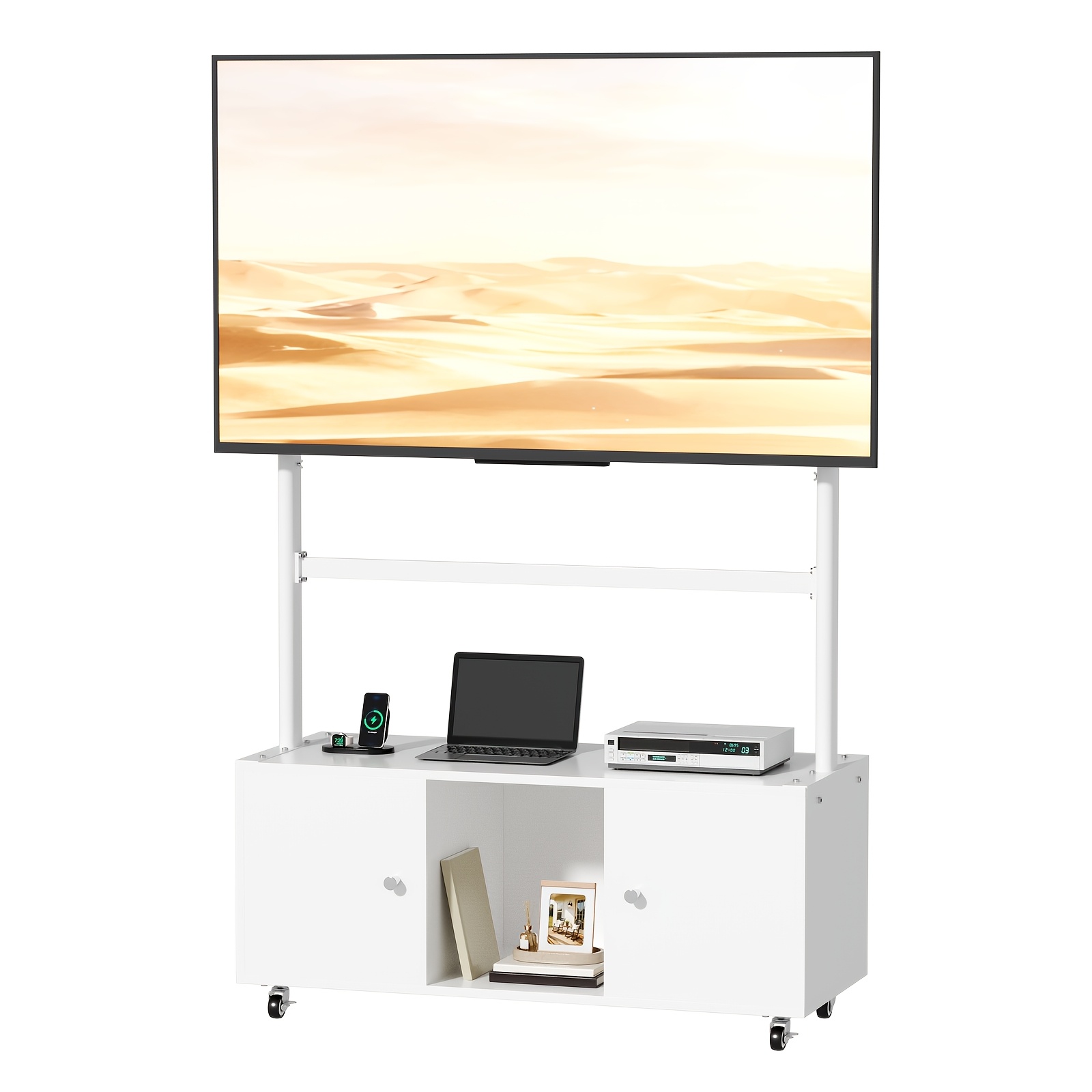 Image of Tv Stand With Cabinet, Tv Stand On Casters For 32-85-inch Tvs, Height-adjustable And Swivel Tv Floor Stand, Up To 80kg, Max. Vesa 830x450mm, Tv Stand, Tv Table With Storage, Living Room