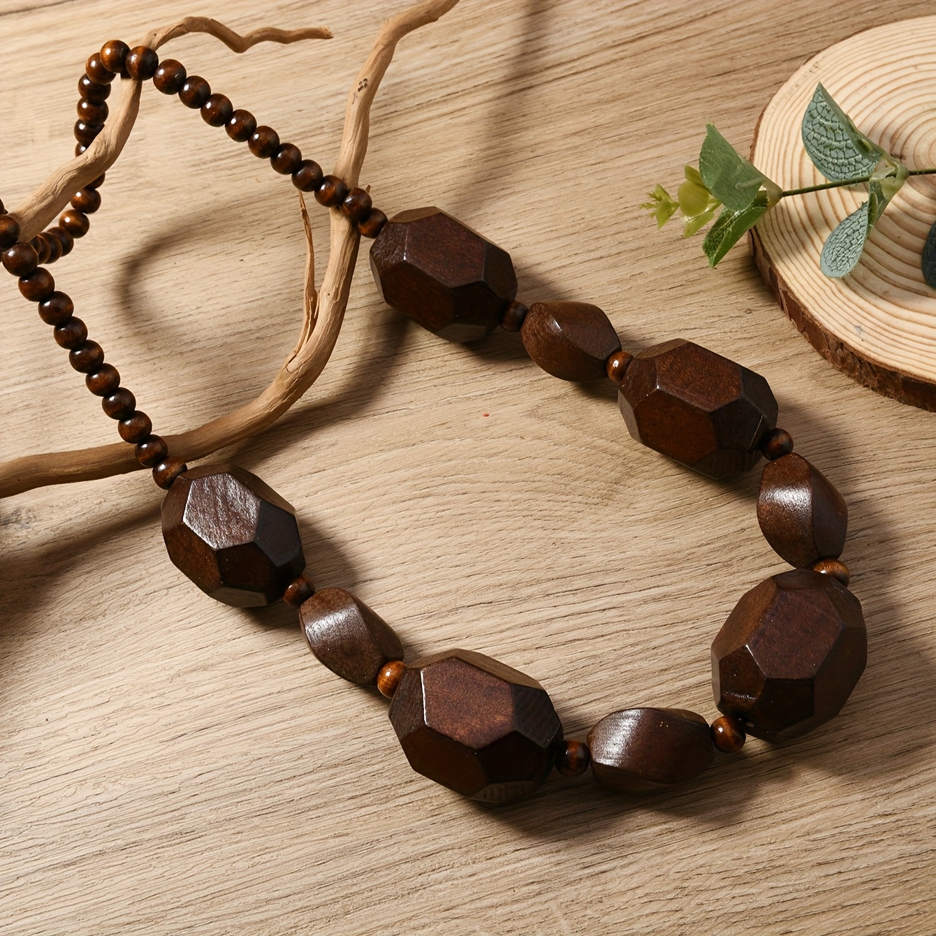 Boho Irregular Bead Necklace Vintage Wooden Pendant