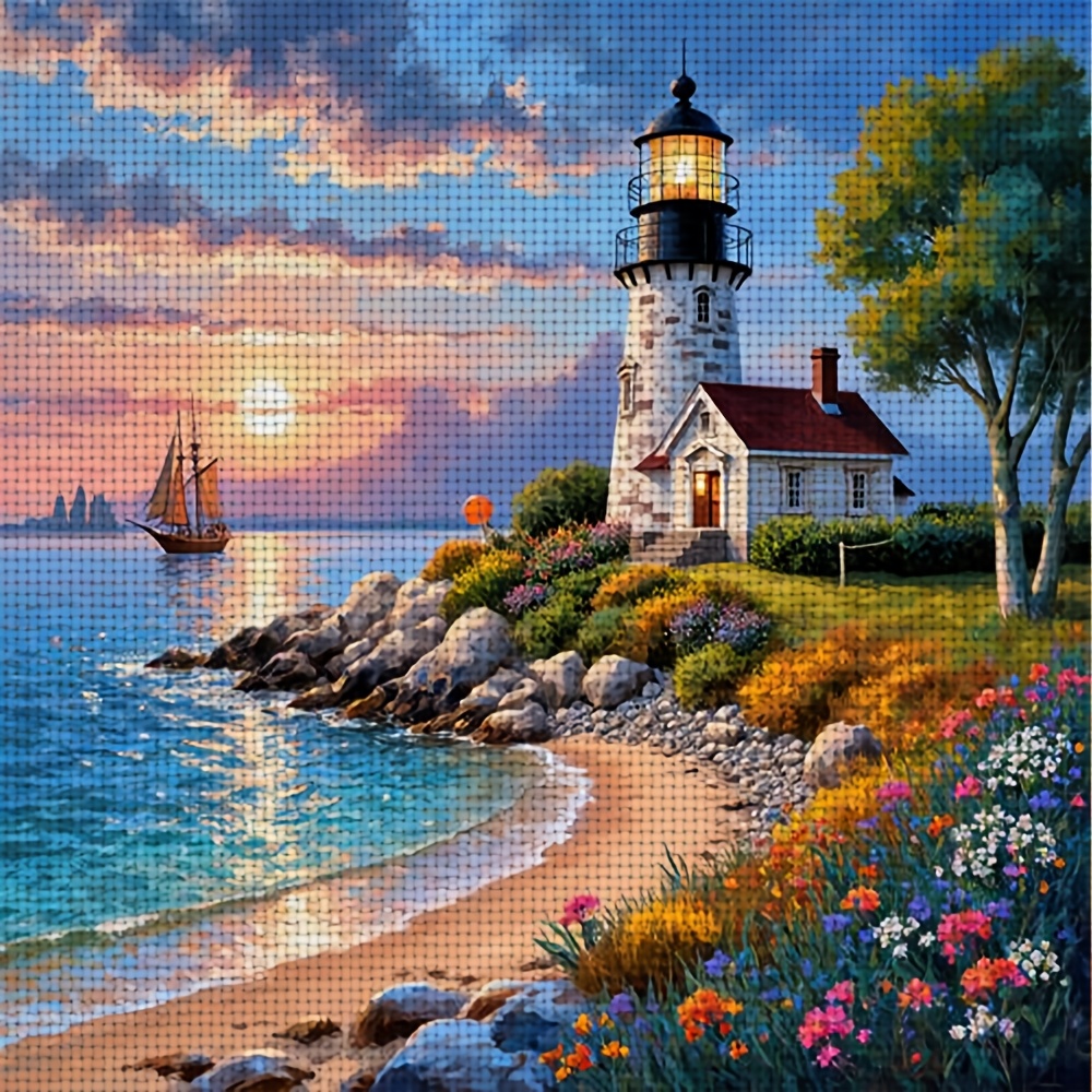 TEMU 1 Kit Complet de Broderie Point de Croix DIY - Phare Plage avec Fleurs, Broderie Main Cadre Adaptée aux Adultes & Débutants, Ensemble Artisanal