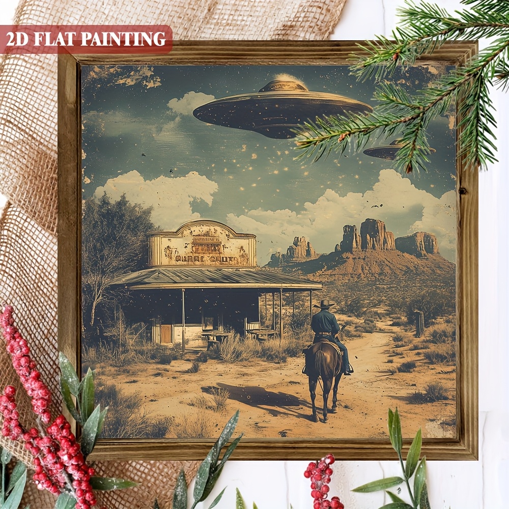 TEMU 2d Flat - [] Vintage Space Ufo & With Cactus Desert Scene Wooden Frame Sign - 8x8 Inch, Rustic Wall Decor For Home, Garage, Bedroom, Office &