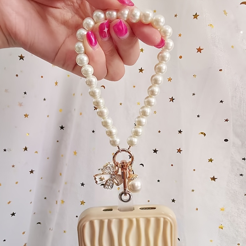 

Elegant Pearl Bowknot Charm Phone Lanyard And Wrist Strap, Fashionable Pearlized Beaded Cellphone With Butterfly And Keychain Pendant