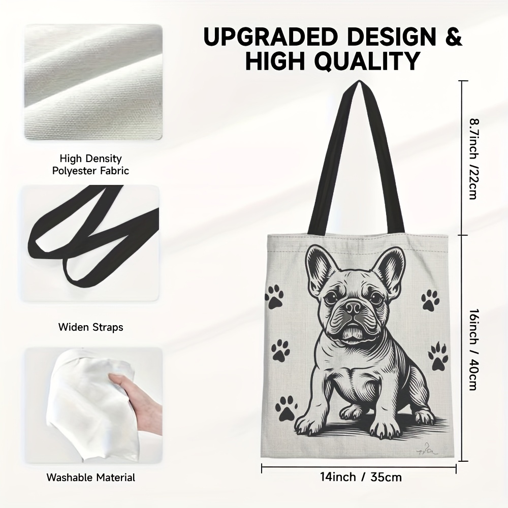 Image of 1pc French Bulldog & Paw Print Canvas Tote Bag - Stylish Cartoon Design Durable Polyester Shoulder Bag With Black Handles For Shopping, Work, Vacation, Weddings, Birthdays & Mother’s Day, Cute Purse