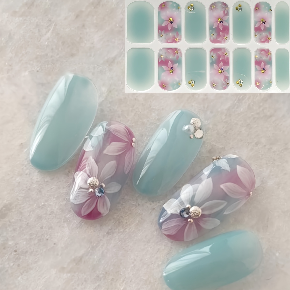 Green Small Floral Nail Stickers, 3d Simulated Rhinestone Craft, 14pcs Nail Art Decals