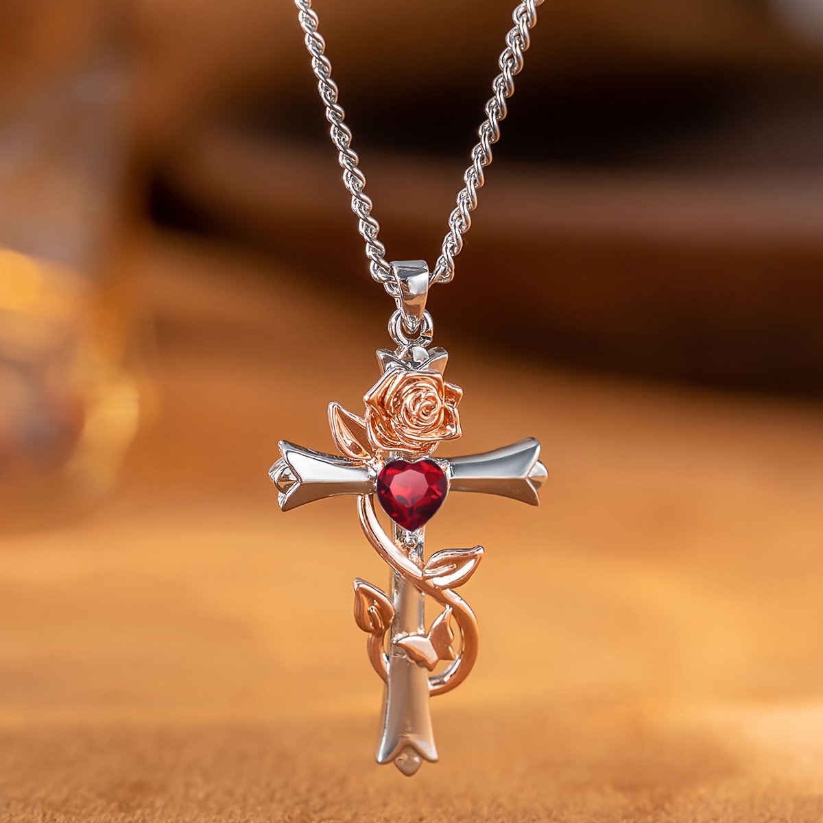 Image of 1pc Rose Sunflower Cross Necklace, Set With Synthetic Synthetic Zirconia, Suitable For Women' Wear, Ideal For Mother's Day, Teacher's Day, Valentine's Day, And Christmas Gifts