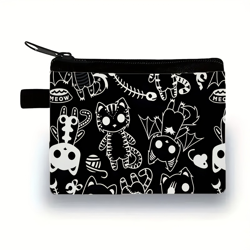 TEMU Black And White Skull Cat All-print Coin Purse Dark Gothic Skeleton Kitten Sweet Cool Fabric Storage Bag Portable Coin Bag Daily Card Holder