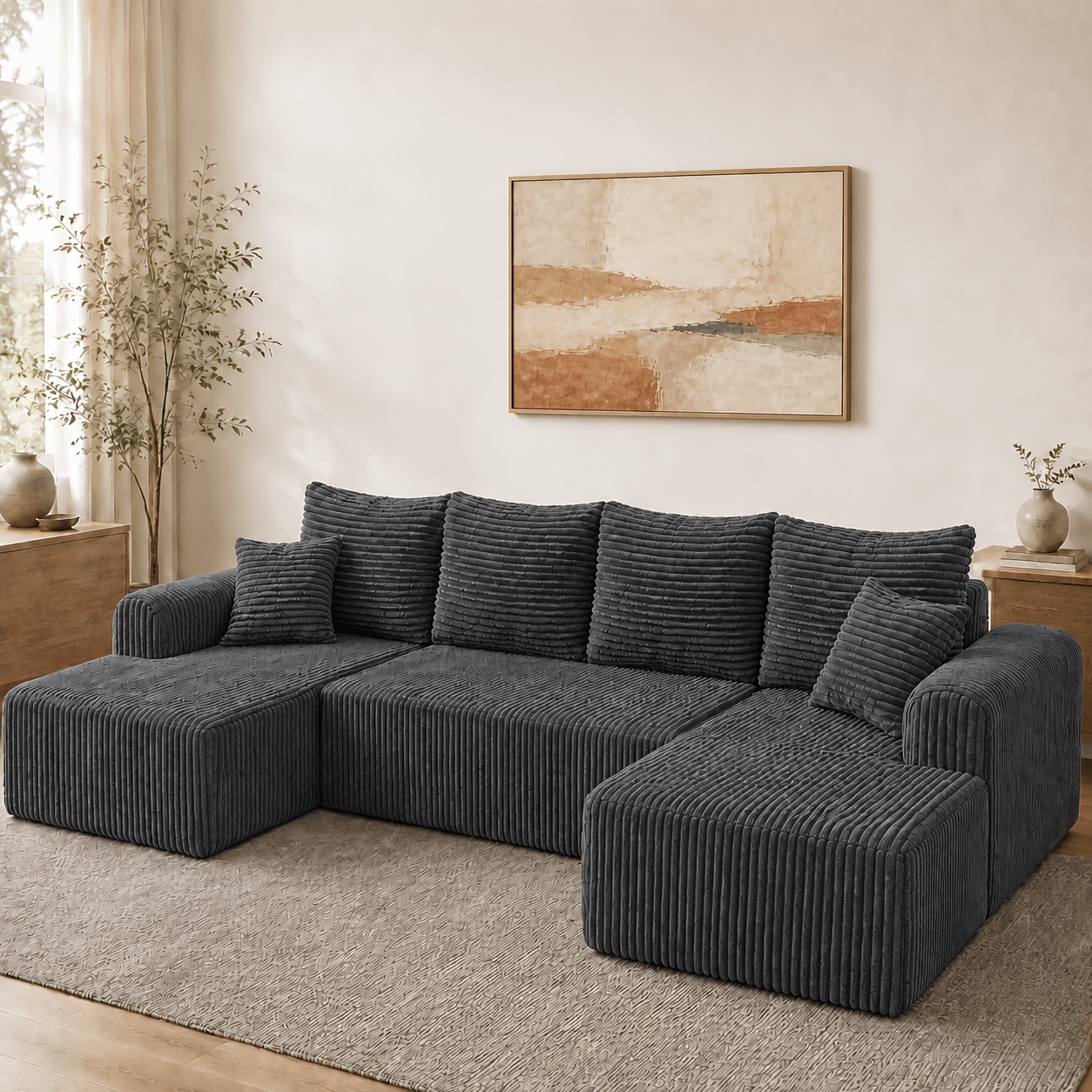 Image of U-shaped , 336 Cm Large Corduroy Frameless Sectional Couch With High-density Foam, Vacuum Compressed And No , Flexible Seating And Sleeping For Living Room And