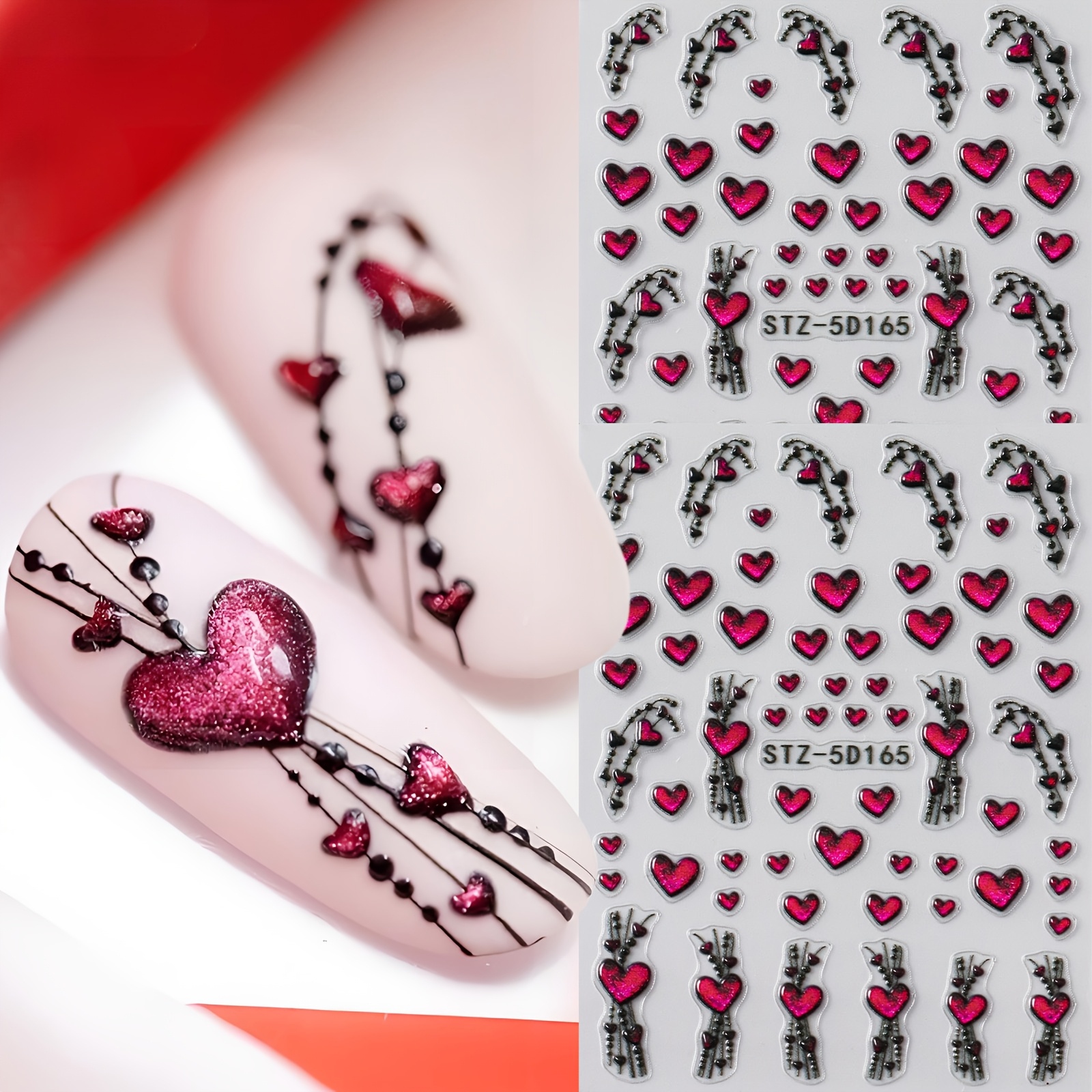 Image of 2pcs 5d Embossed Heart Nail Stickers Suitable For - Textured Floating Embossment, Sweet Wedding & Valentine's Day Nail Charms, Diy Nail Art Decals (no Removal)