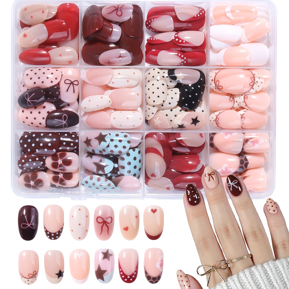 TEMU 288 uñas postizas desechables para desbloquear 12 estilos de nail art , color , café leche, rosa nude, multicolor con estampado de , cuadros,