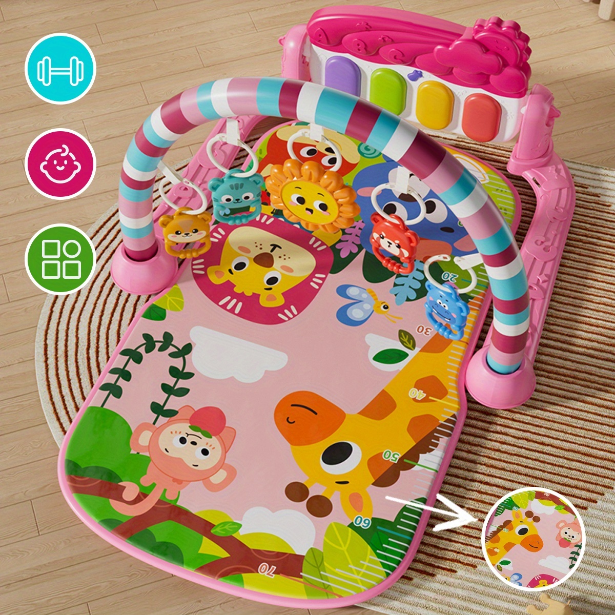 5 in 1 multifunctional baby activity center with musical piano keys sensory toys adjustable reclining seat padded tummy time mat for newborns toddlers pink green easy assembly baby bouncy seat toddler play area     padded surface easy assembly setup infant play gym colorful activity mat nontoxic materials infant activity gym parents of babies Product details 1