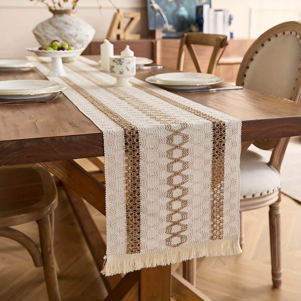 1pc bohemian hand braided burlap table runner fringe Temu Mexico