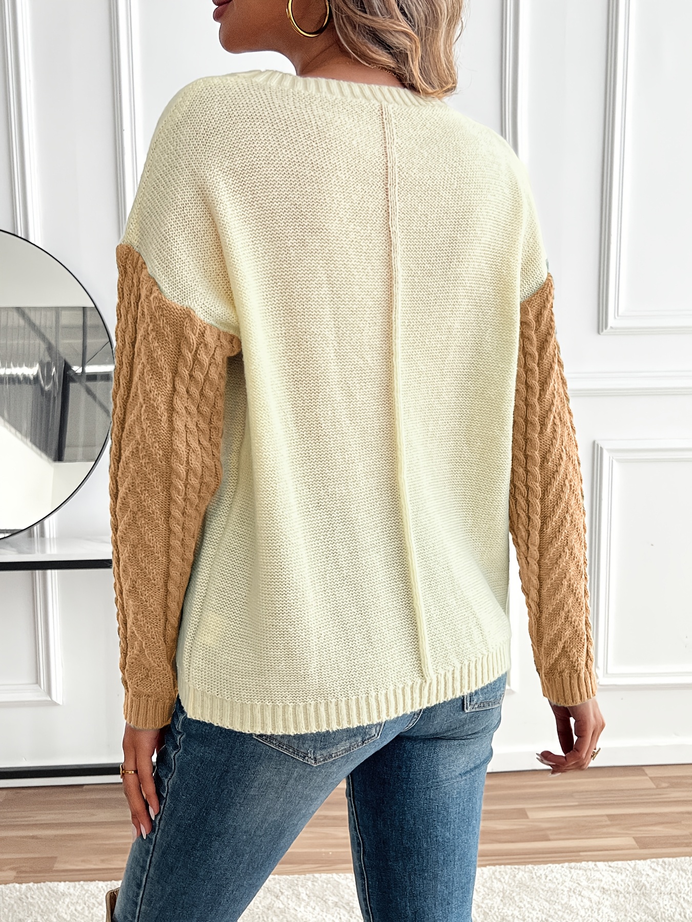 Cable Knit Two Color Knitted Sweater Women's Color Block Cable