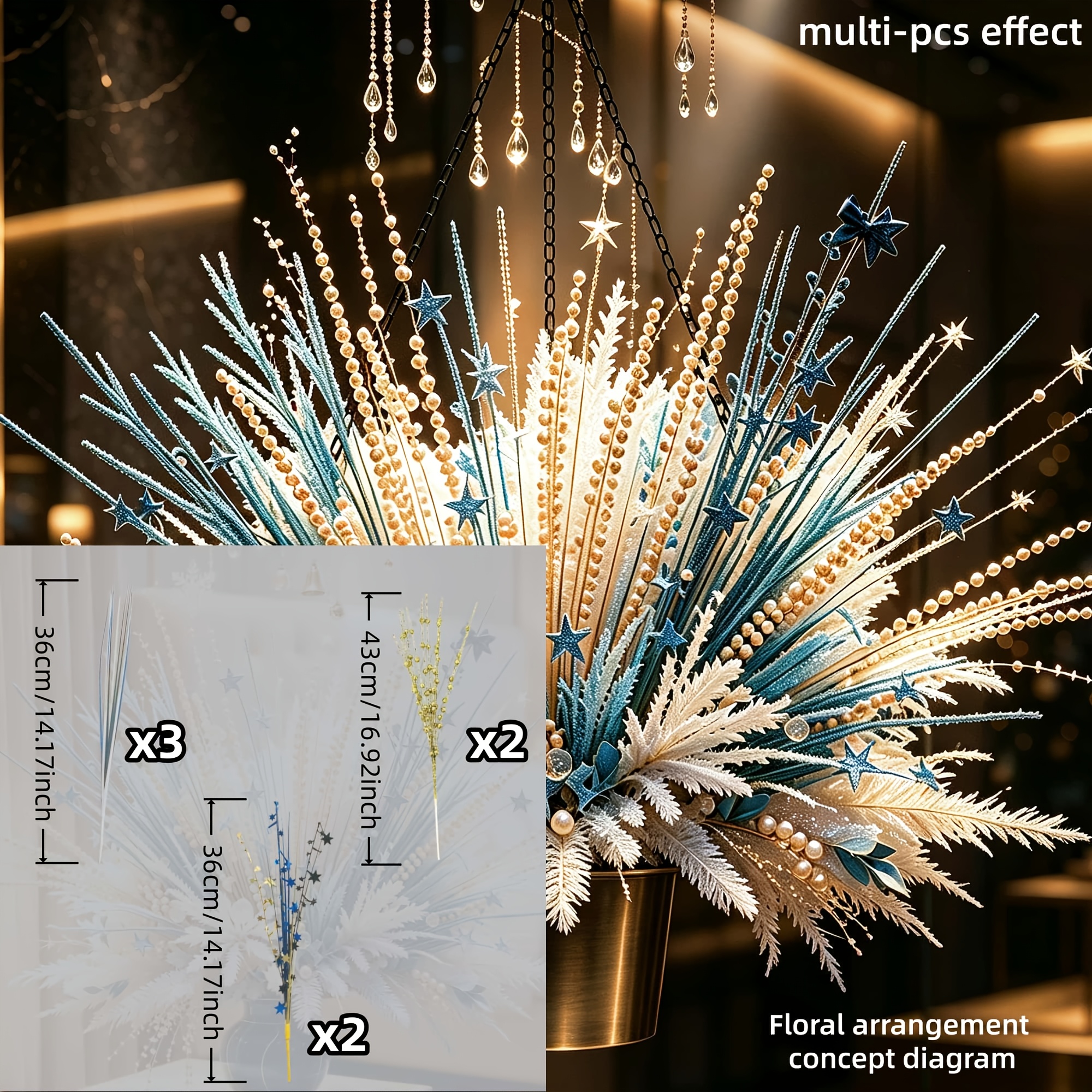 TEMU Kit floral de Noël 7 pièces, tiges de perles dorées artificielles et et branches artificielles d' tricolore avec herbe à paillettes simulées,