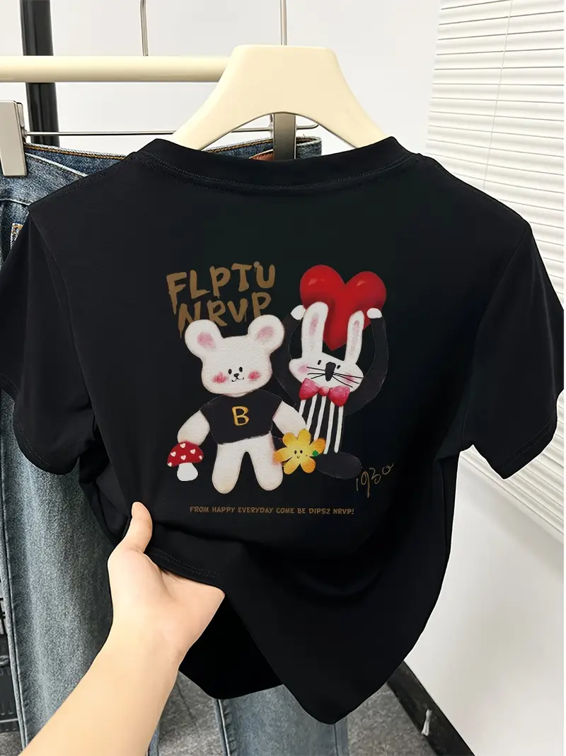 womens cartoon print t shirt short sleeve crew neck casual summer top with bunny lightweight breathable for casual attire everyday tshirt graphic tee Product details 3