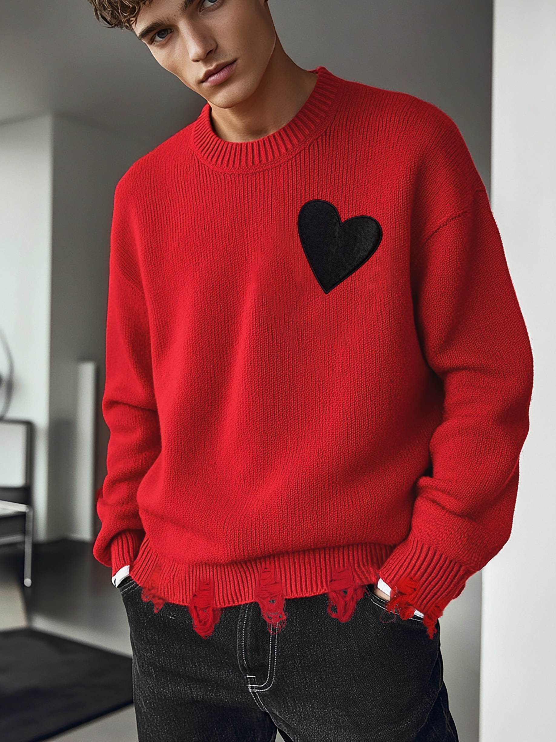 Cozy *'S Red Heart Knit Sweater Warm, Comfortable Loose Fit Pullover for  Fall/Winter, Casual Crew Neck, Medium Stretch, Viscose Material