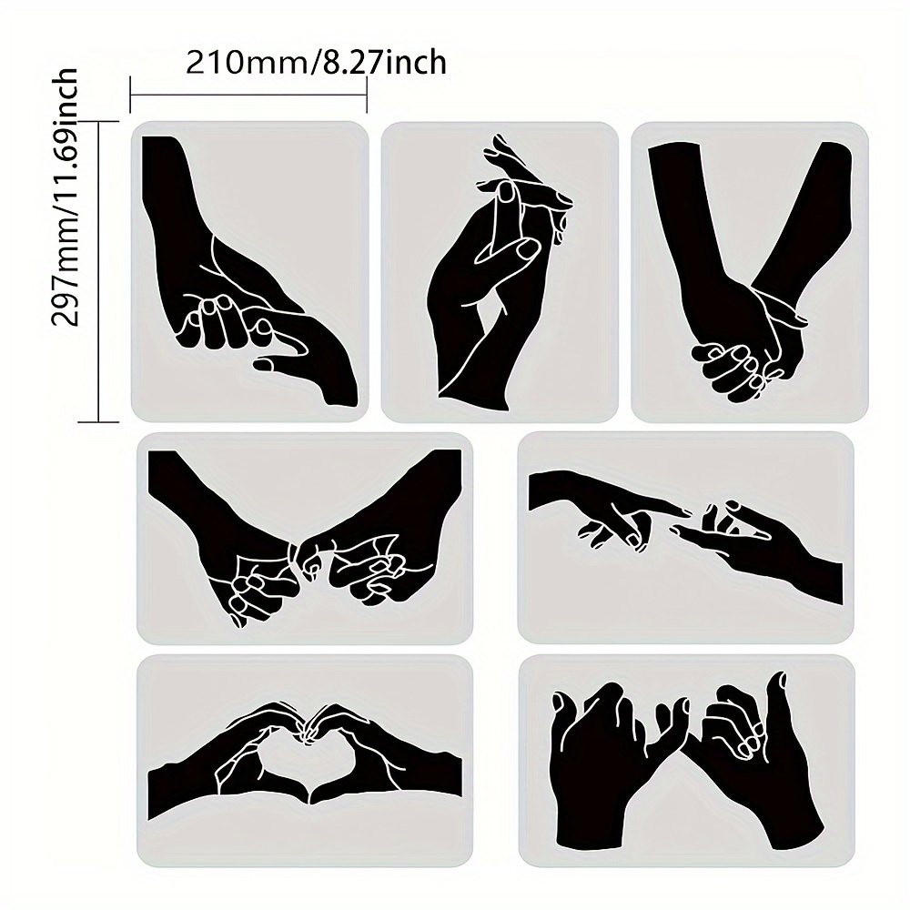 7-piece Gesture Pattern Drawing Stencils Set - Pvc Reusable Hand Templates For Scrapbooking, Diy Craft, Painting Art Projects - Suitable For Adults 18+