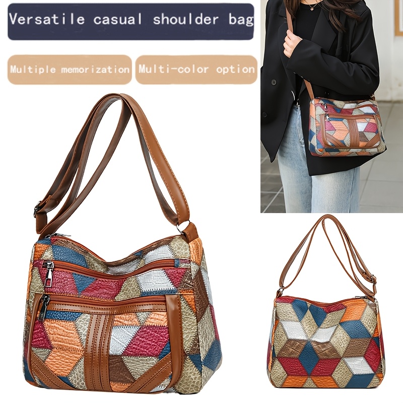 

1pc Women's Casual Shoulder Bag, Adjustable Strap Crossbody With Zipper Closure, Polyester Lined, Patchwork Design For , Crossbody Purse