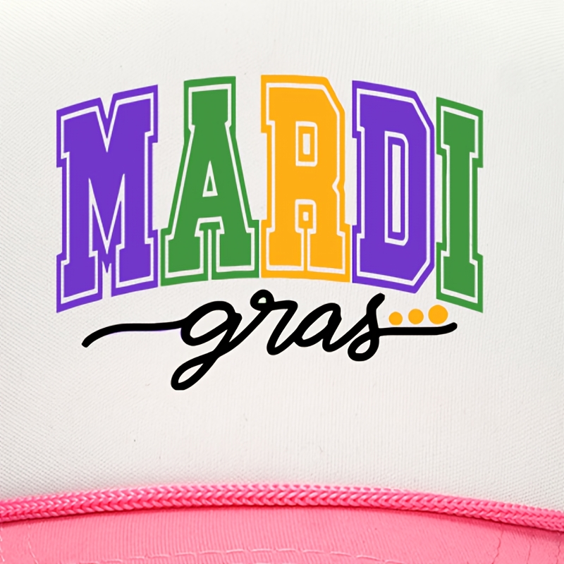 

1pc High-profile Trucker Hat With "mardi Gras" Print – 5-panel Foam Front Cap With Rope Accent, Sports Mesh Design, Vibrant Festive Colors, Breathable Polyester, Mardi Gras Celebrations And !