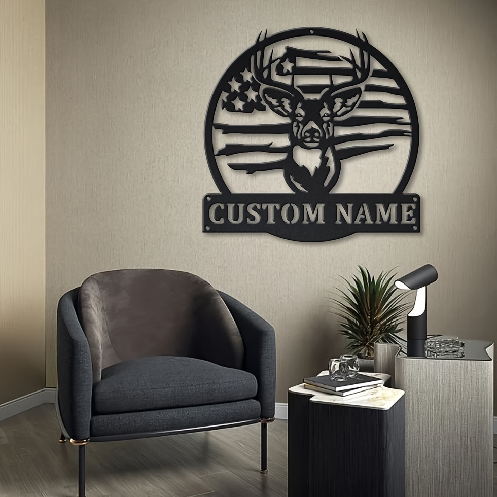 

1pc Customizable Metal Deer Head Wall Decor With American Flag - Personalized Hunting Room Art, Indoor/outdoor Custom Name Plate, Ideal Christmas Gift