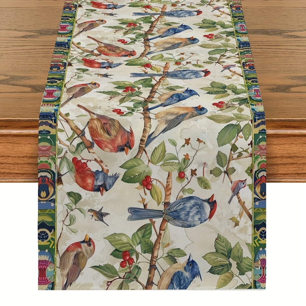 

1pc Table Runner, Colorful Bird & Cherry Blossoms Print Polyester Table Runner, Decorative Dining Table Runner, For Kitchen & Living Room, Home Supplies