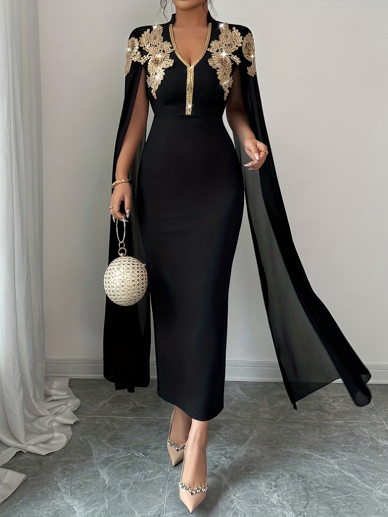 long sleeve black elegant dress Black Chiffon Long Sleeves V-neckline Party Dress, Black Formal Dress main image 0