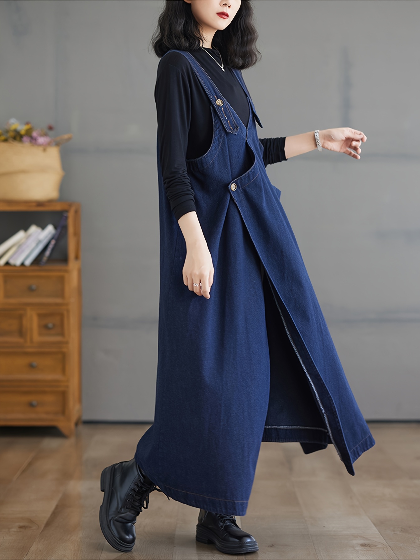 Jeans Semi Formal Clothing Female Womens Vintage Inspired Denim Dress Large  Pockets Temu Bahrain