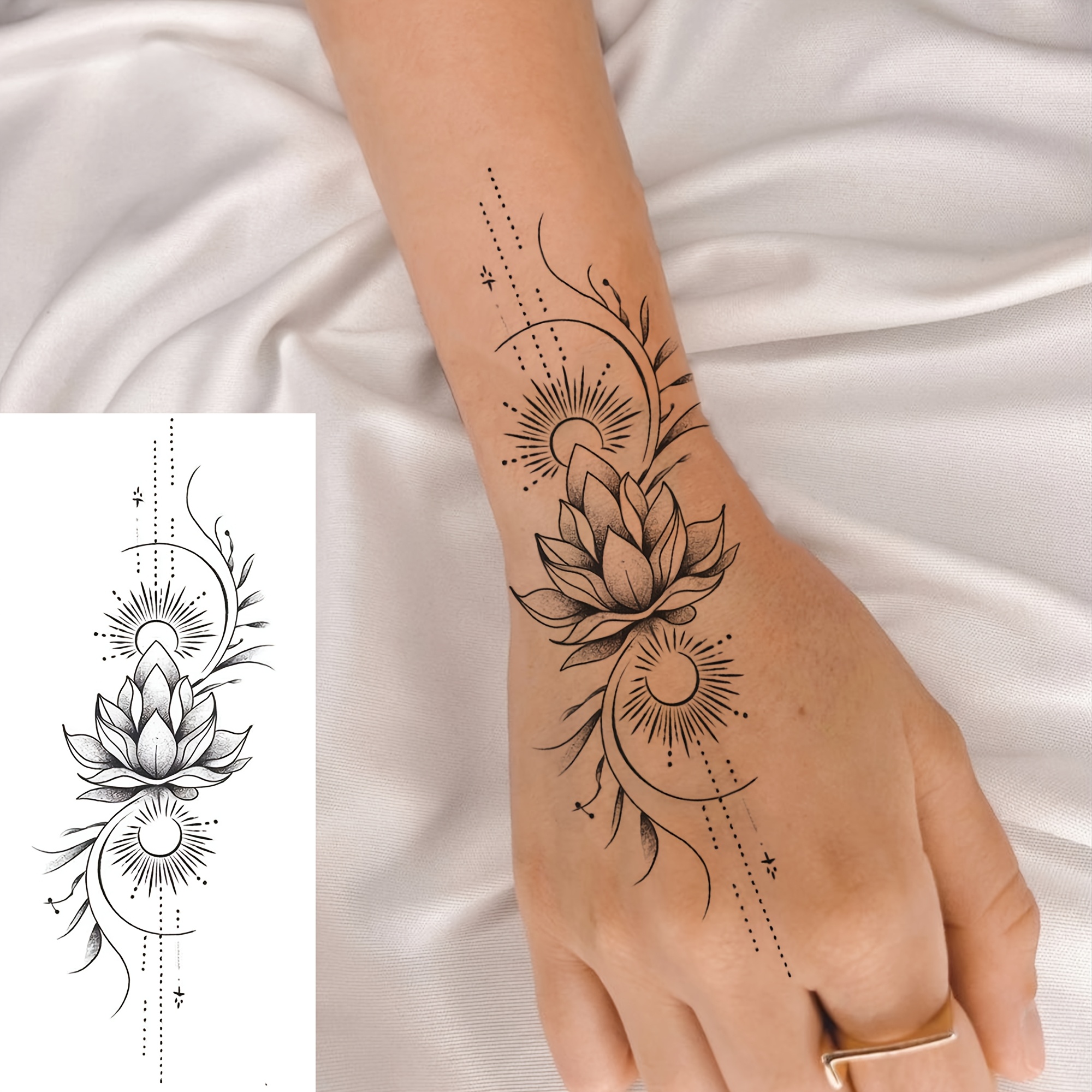 1 Sheet Sun For Lotus Temporary Tattoos For Women Men Hands Finger Foot Neck Waist Legs Thigh Forearm Shank Half Sleeve Arm, Temp Fake Tattoo Stickers Waterproof Long Lasting Realistic Tatoos