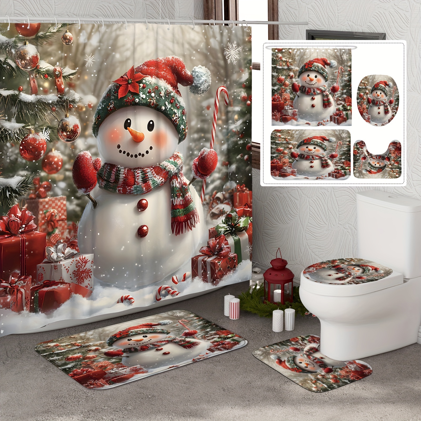 

Festive Christmas Snowman Shower Curtain Set: Includes 1/4 Pcs, Shower Curtain, Rugs, And U-shaped Toilet Lid Cover - Perfect For Bathroom Decor