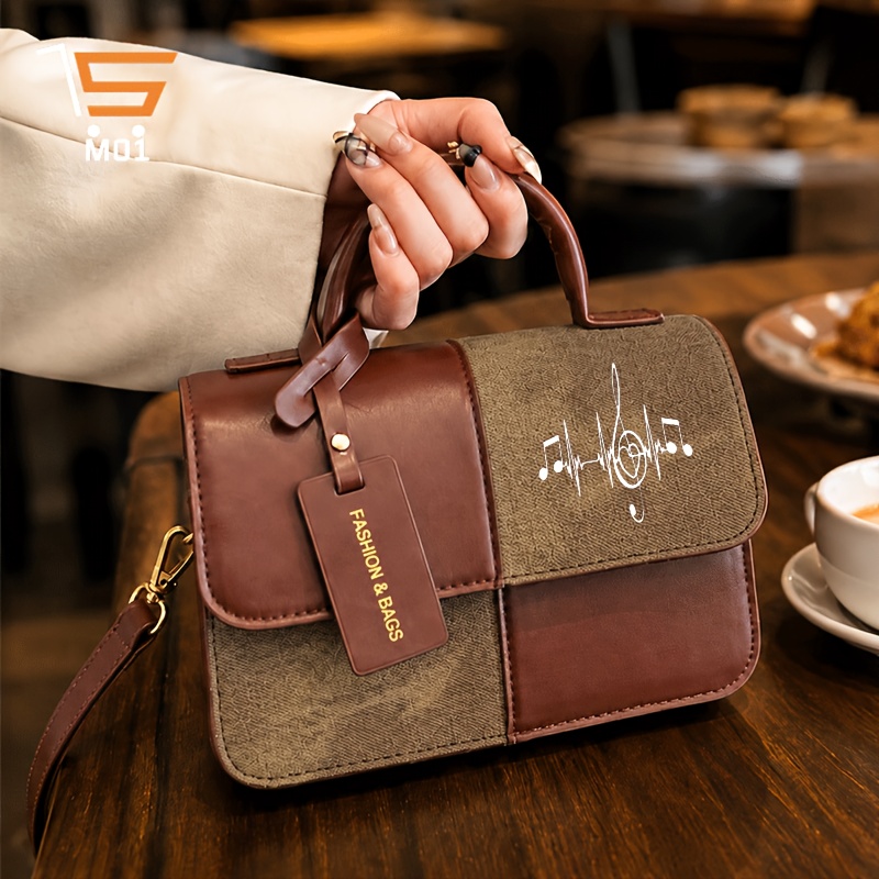TEMU 1pc M01 Women's Handbag With Treble Clef Print Magnetic Closure Tote - Elegant Square Detachable Strap Suitable For Commuting,,, Gift For Music