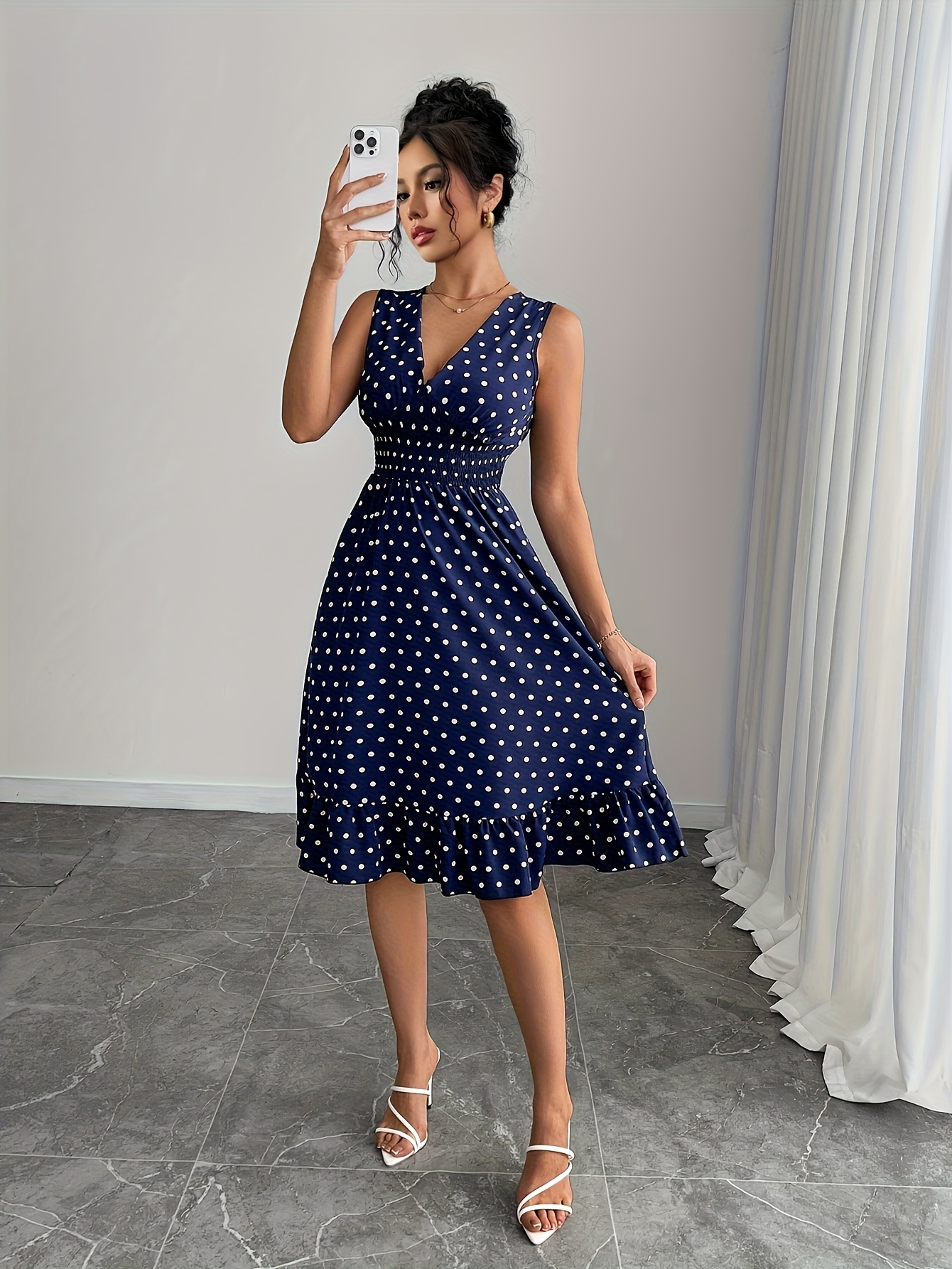 womens sleeveless v neck polka dot dress casual a line midi - Temu United  Arab Emirates