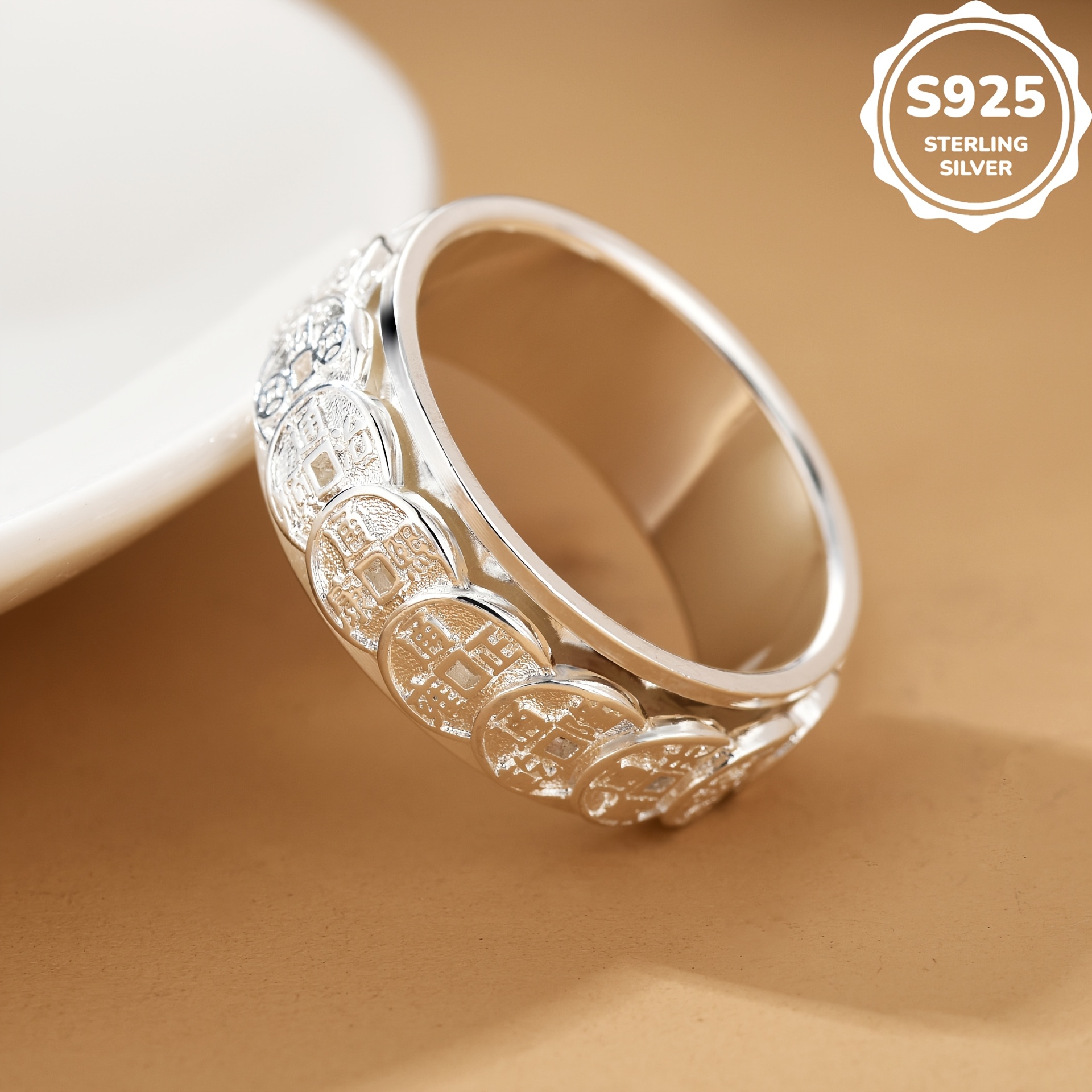Image of 1pc S925 925 Silvery Plated Exquisite Retro Copper Coin Shaped Rotatable Men And Women Decompression Ring Gift 7.5-12.5 Size Optional High-quality Jewelry Casual Party Wear