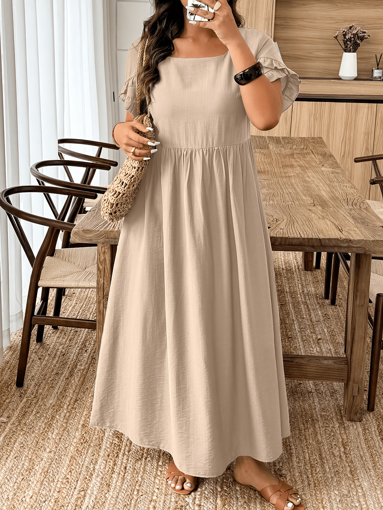 Plus Size - Plus Size - Plus Size Khaki Square Neck * Sleeve Dress |  Waist-Defining Loose Maxi Dress | 2026 Spring Summer * Vacation Lazy Style